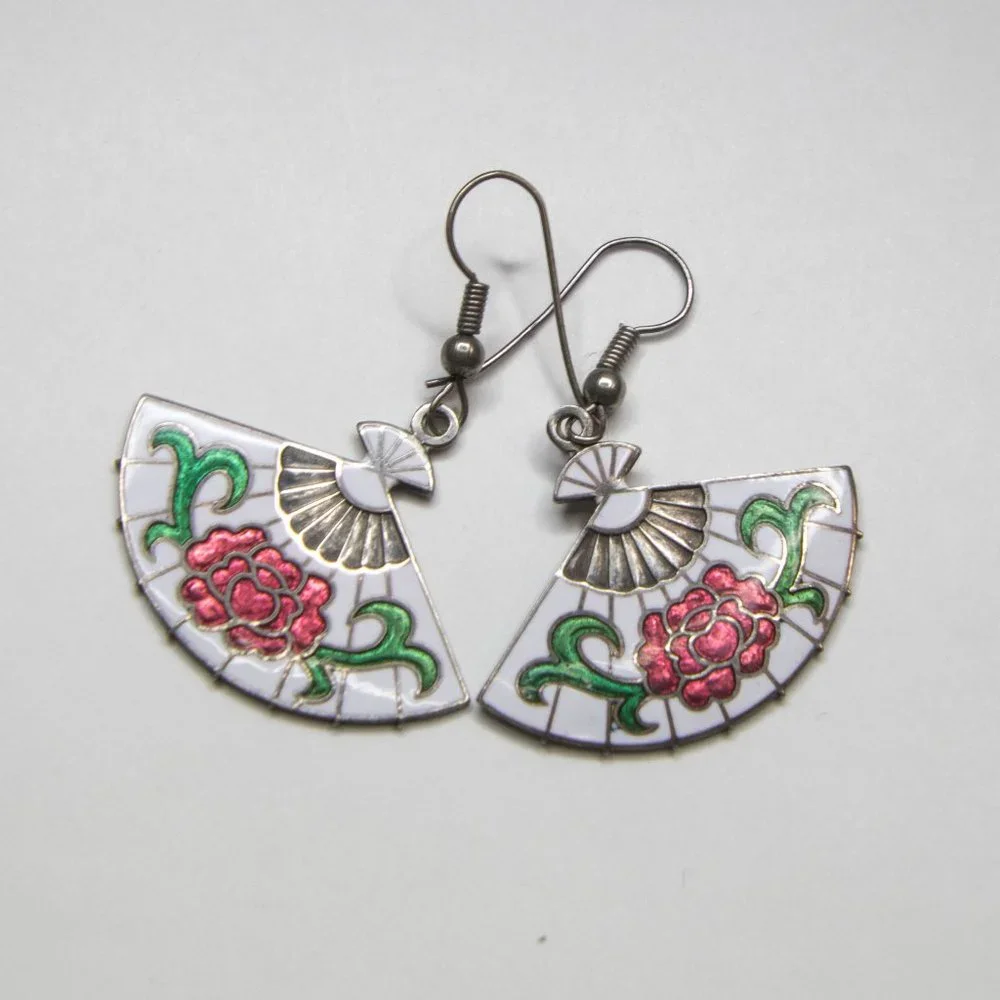 Vintage Cloisonné Floral Fan Silver Tone Earrings